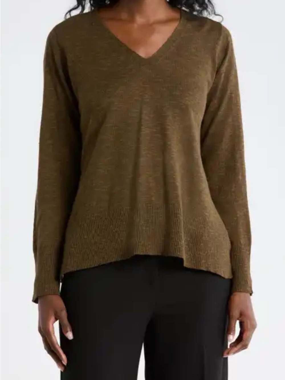 Eileen Fisher Olive Organic linen and cotton V-Neck Sweater Size M